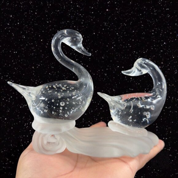 1980s Clear Art Glass Bird Duck Sculpture Figure On Frosted Bottom W Bubbles - Picture 2 of 10